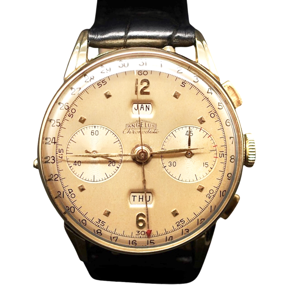 Montre Angelus Vintage Chronodato Triple Date Or jaune 18k mécanique Vers 1945. Montre Angelus Vintage Chronodato Triple Date Or jaune 18k mécanique Vers 1945.