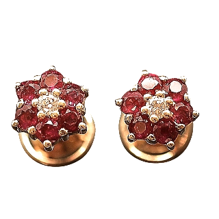 Boucles Oreilles Or 18 Cts avec Diamants et Rubis