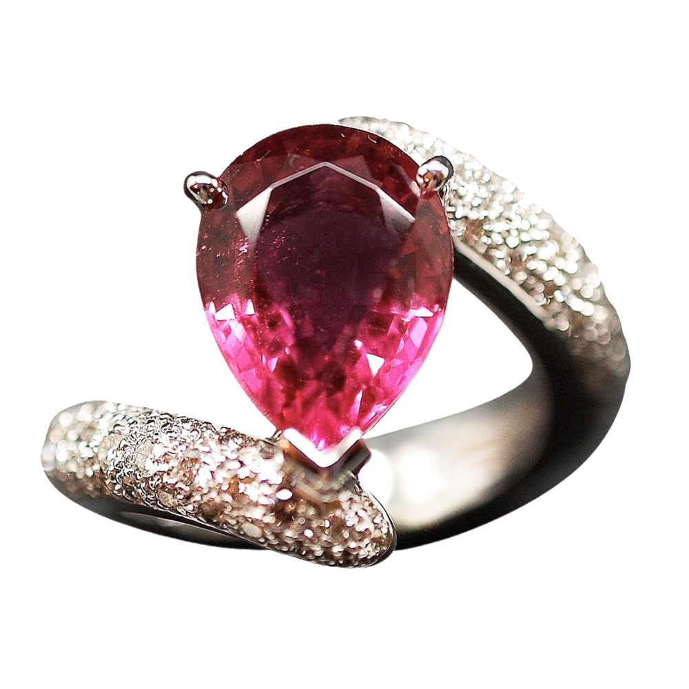 Bague Or gris 18K, Tourmaline Poire et Diamants.Taille 55