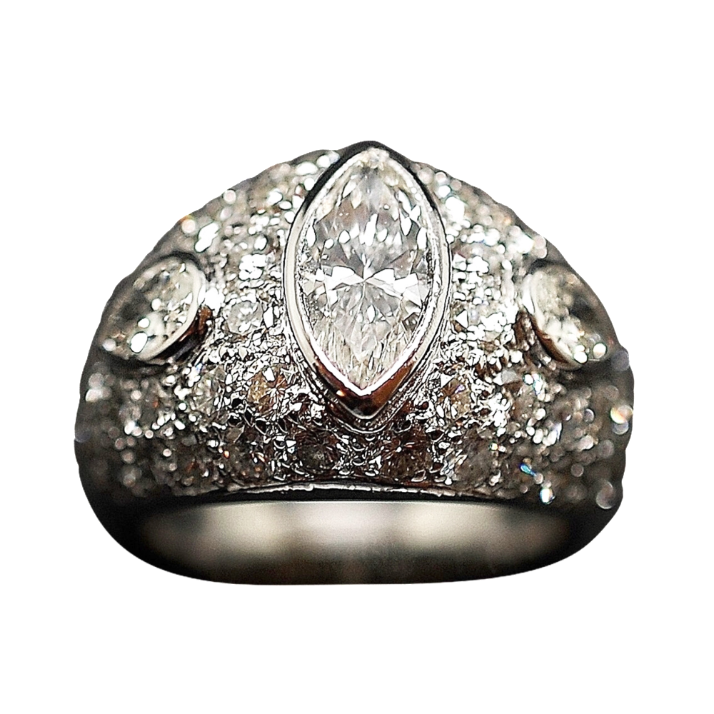 Bague Or Gris 18k avec 4,0 Cts de Diamants brillants, Marquise et Poires.