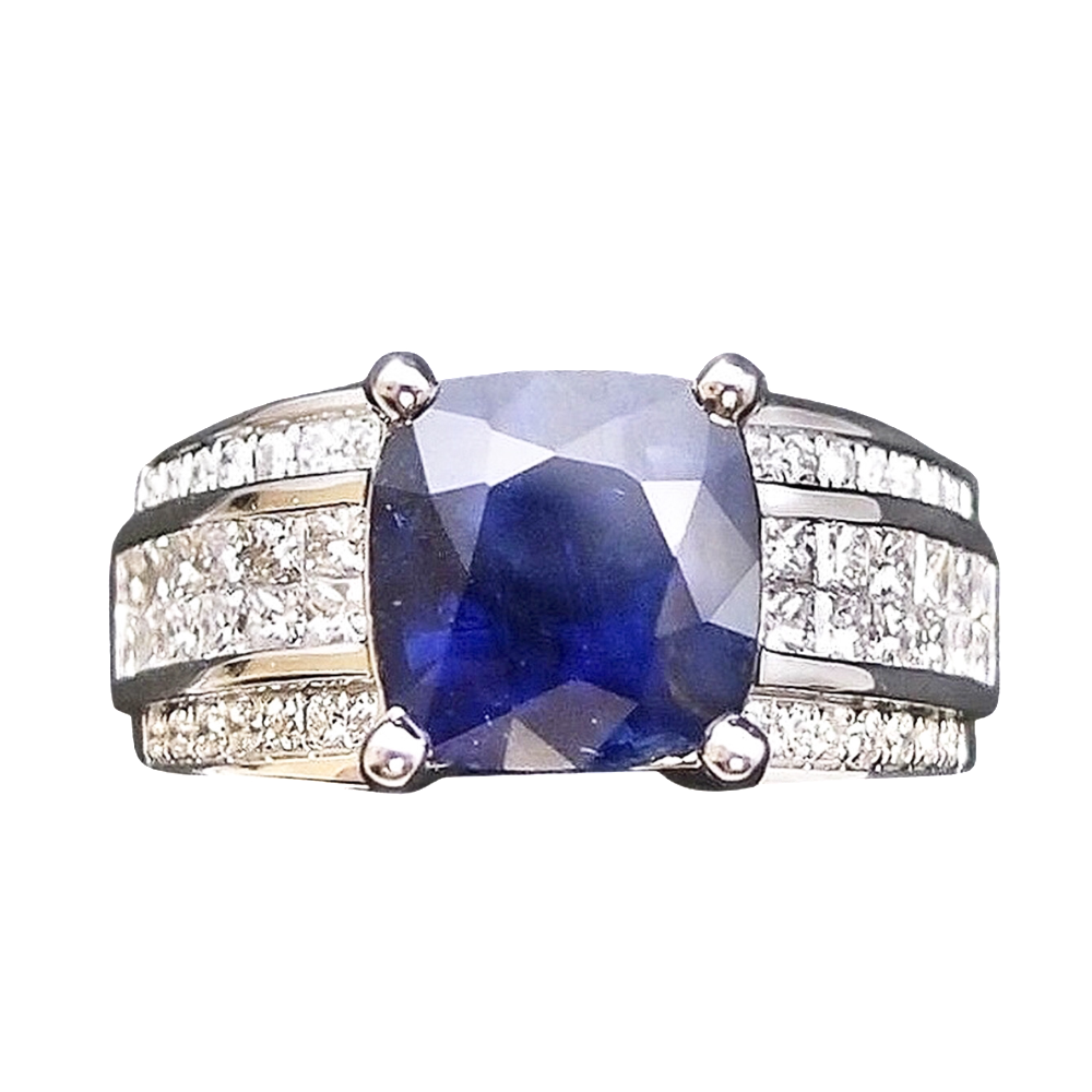 Bague Or gris 18 k Saphir 3.3 Ct Naturel non Chauffé Royal blue et Diamants .