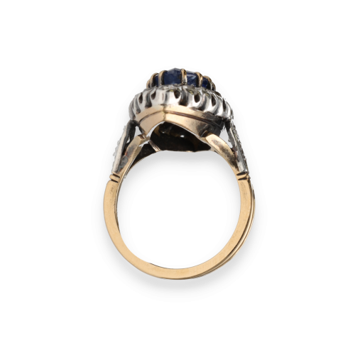 Bague Antique Or Rose 18k Et Argent - Saphir Et Diamants, Taille 46, Style Marquise Circa 1900