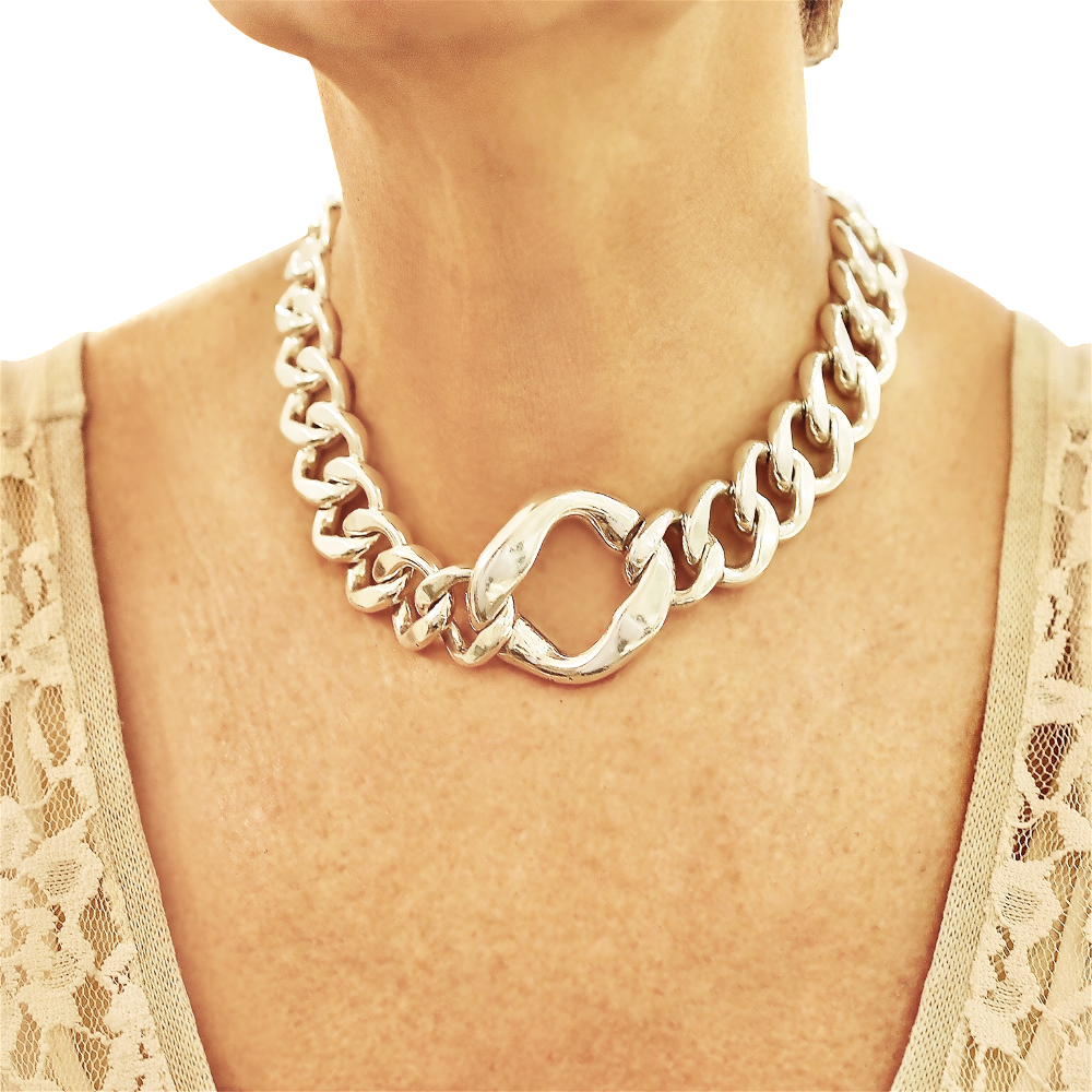 Collier Ras du Cou Hermes en Argent Maille Gourmette.