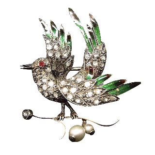 Broche "Oiseau " Or 14K + Email Argent Diamants Taille Rose Et Perles 1860