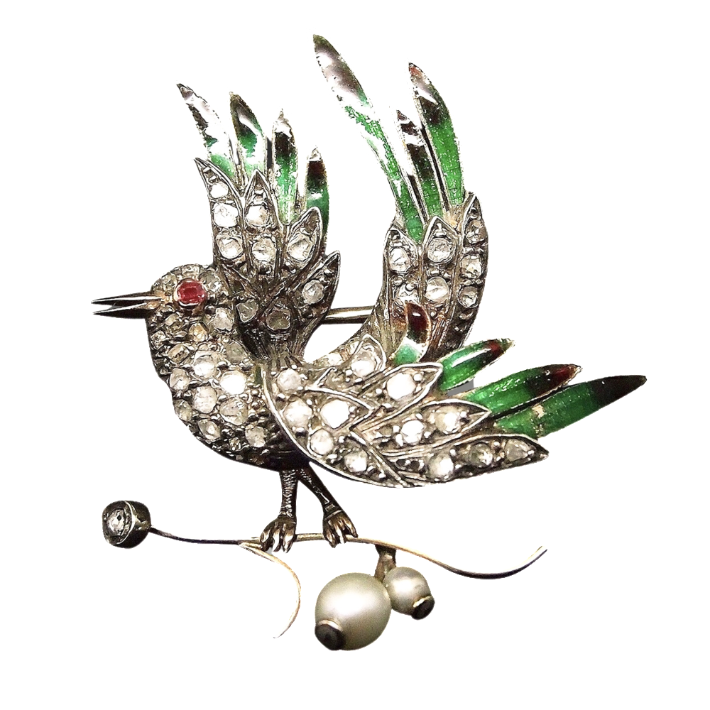 Broche "Oiseau " Or 14K + Email Argent Diamants Taille Rose Et Perles 1860