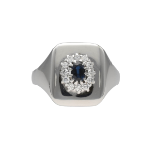 Bague Chevalière Diamants & Saphir – Or Blanc 18k –...