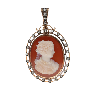 Broche Pendentif Camée Agate & Diamants Taille Rose...