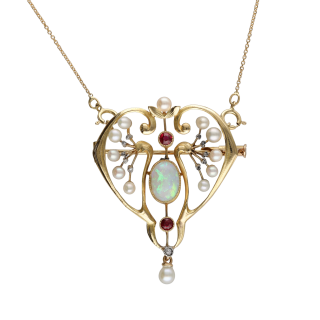Collier Broche Art Nouveau Opale, Perles & Rubis –...