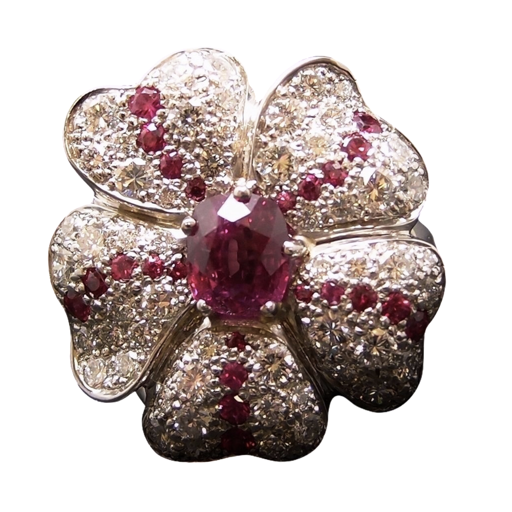 Bague "Fleur" en or gris 18k avec Saphirs roses et Diamants Extrablancs. Taille 53.5