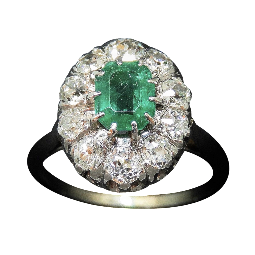 Bague "Entourage" Or gris 18K et Platine Emeraude de Colombie et Diamants. Bague "Entourage" Or gris 18K et Platine Emeraude de Colombie et Diamants.