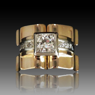 Bague Tank vintage vers 1940 en Or 18K et Platine avec Diamants .