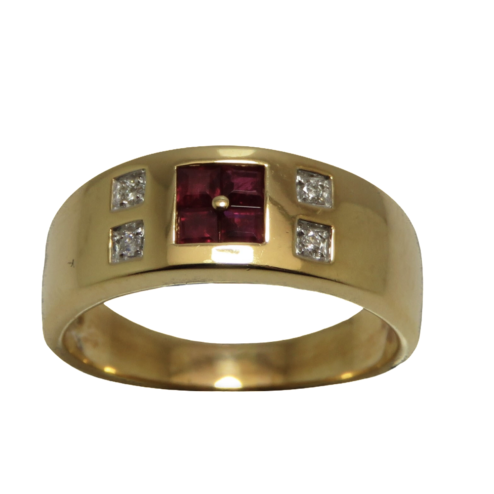 Bague Or Jaune 18K, Rubis et Diamants brillants. Taille 59