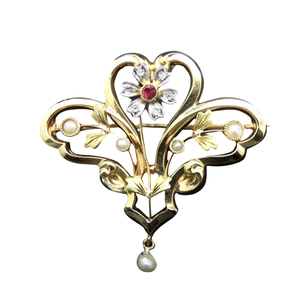 Broche Pendentif Napoleon III , Or 18 Carats , Perles Fines & Roses de diamant.