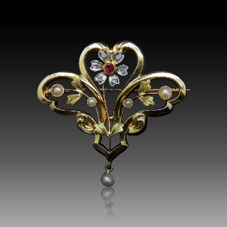 Broche Pendentif Napoleon III , Or 18 Carats , Perles Fines & Roses de diamant.