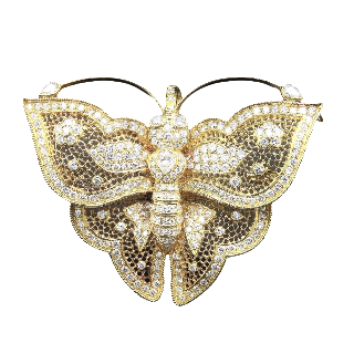 Broche Pendentif Papillon Or jaune 18 Cts massif et Diamants Brillants et Poires