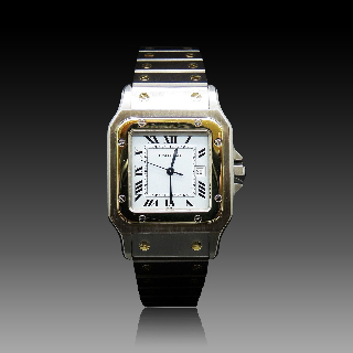 Montre Cartier Homme "Santos" Rectangulaire en Or et Acier Automatique Vers 1990.