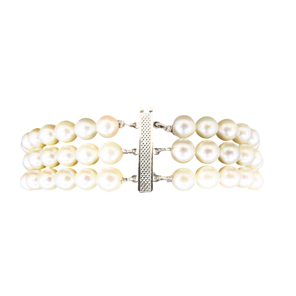 Bracelet de Perles de Culture 3 rangs 6.0 mm Or gris 18 k . 19 cm.