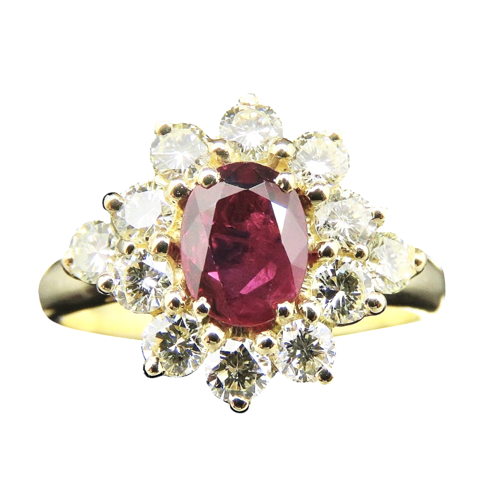 Bague Or Jaune marguerite 18K avec rubis fin et diamants brillants .Taille 54