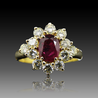 Bague Or Jaune marguerite 18K avec rubis fin et diamants brillants .Taille 54