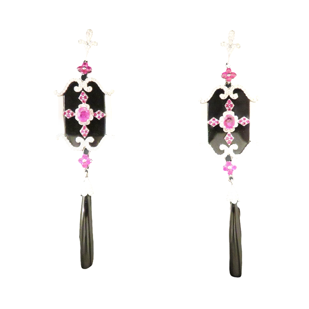  Boucles d'Oreilles Pendantes en or gris 18k avec Onyx, Rubis et Diamants.