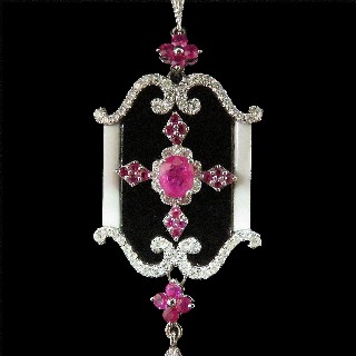 Boucles d'Oreilles Pendantes en or gris 18k avec Onyx, Rubis et Diamants. Boucles d'Oreilles Pendantes en or gris 18k avec Onyx, Rubis et Diamants.