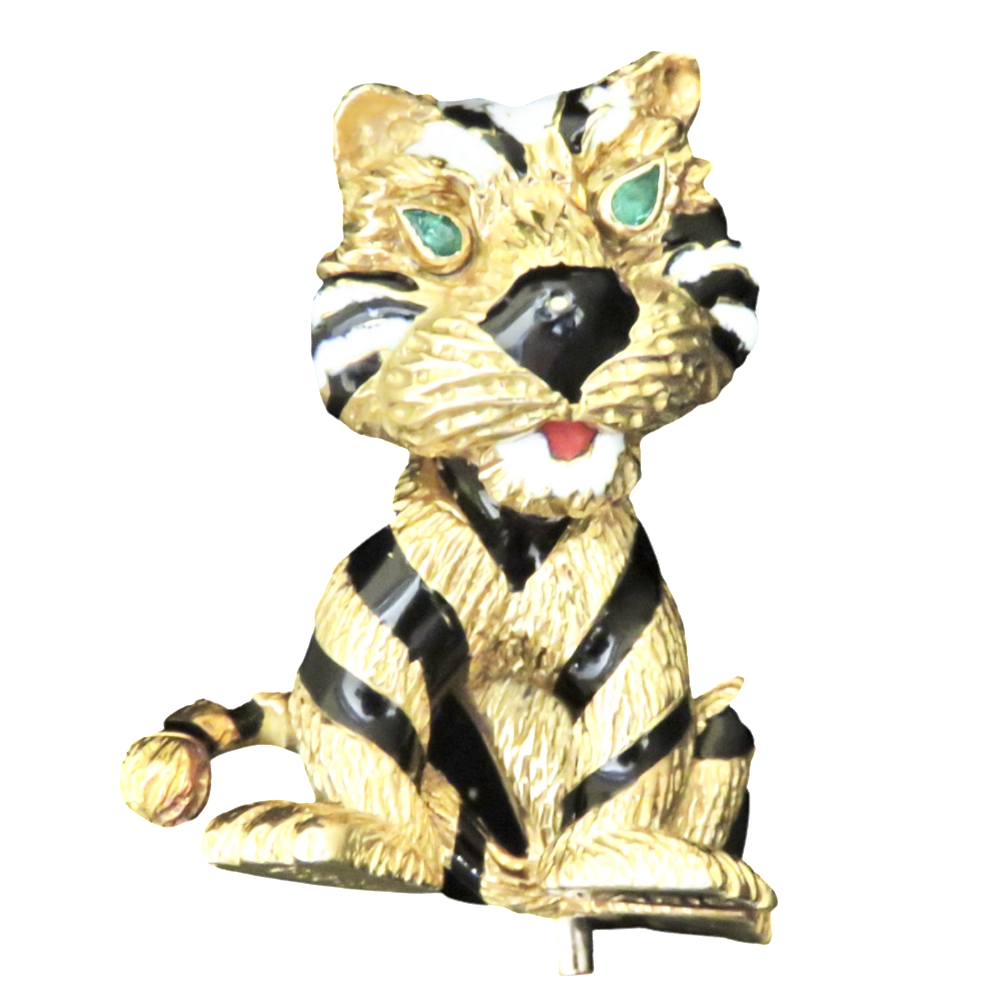 Broche Fred "Tigre" Or 18k massif avec Email et Emeraudes Vers 1980.