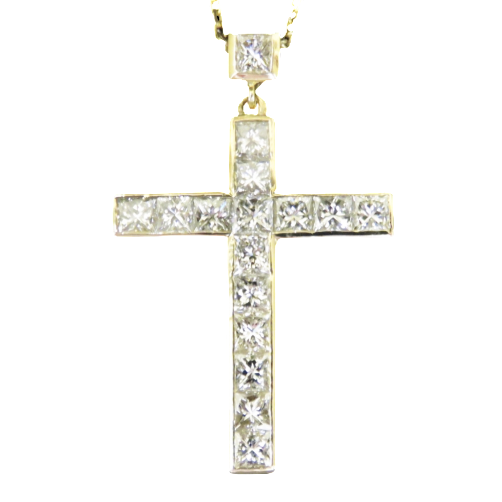 Collier pendentif Croix en or jaune 18k avec 2,20 Cts de diamants princesses.