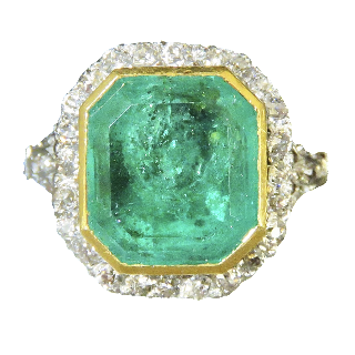 Bague Or Jaune 18K et platine vers 1920 , Emeraude Colombie et Diamants taille ancienne.