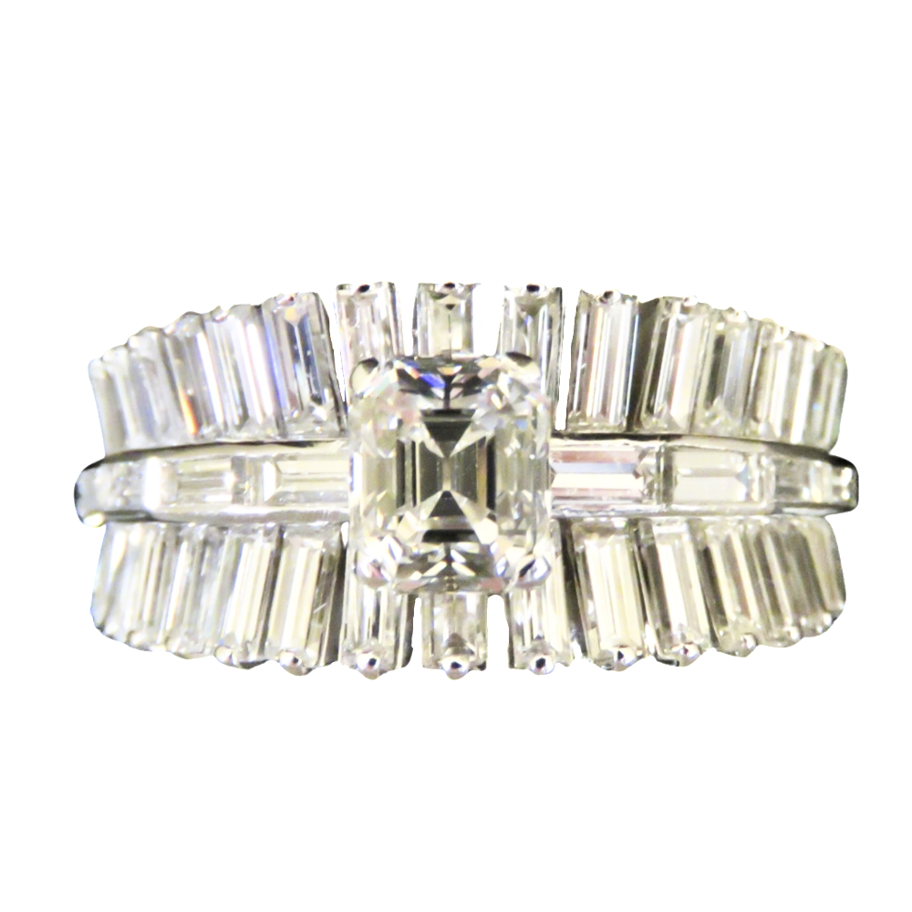 Bague en platine avec 3.60 carats de Diamants baguettes et rectangle