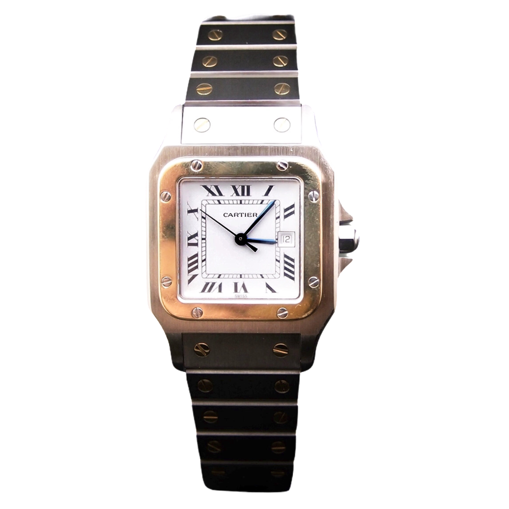 Montre Cartier Homme "Santos" Rectangulaire en Or et Acier Automatique Vers 1990.