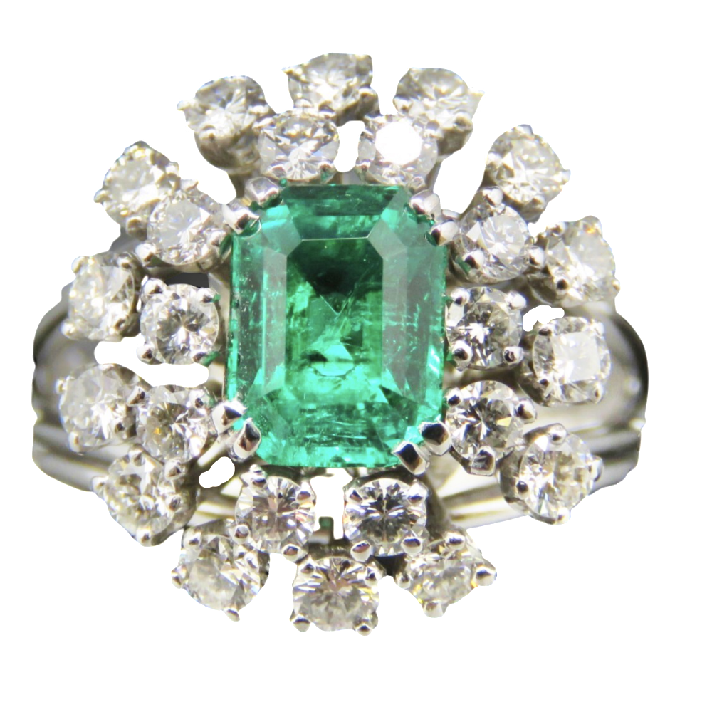 Bague "Entourage" Or gris 18K et Platine Emeraude de Colombie et Diamants. Bague "Entourage" Or gris 18K et Platine Emeraude de Colombie et Diamants.