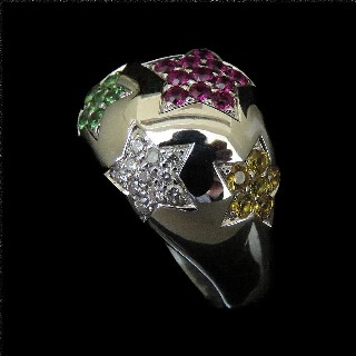 Bague Jonc Or gris 18K avec saphirs,rubis,Péridots et diamants brillant G-VS. Taille 55