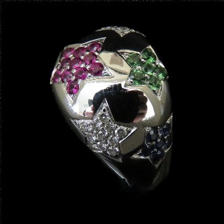 Bague Jonc Or gris 18K avec saphirs,rubis,Péridots et diamants brillant G-VS. Taille 55