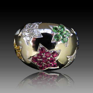 Bague Jonc Or gris 18K avec saphirs, rubis, Péridots et diamants brillant G-VS. Taille 55