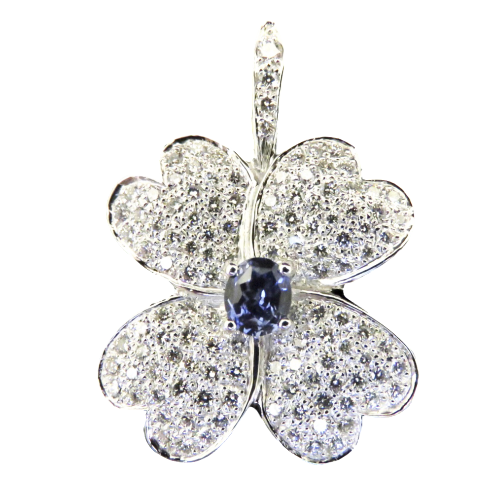 Pendentif en or gris 18k avec saphir fin et diamants brillants