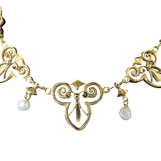 Collier Draperie Napoléon III en or jaune 18k et perles fines . Collier Draperie Napoléon III en or jaune 18k et perles fines .