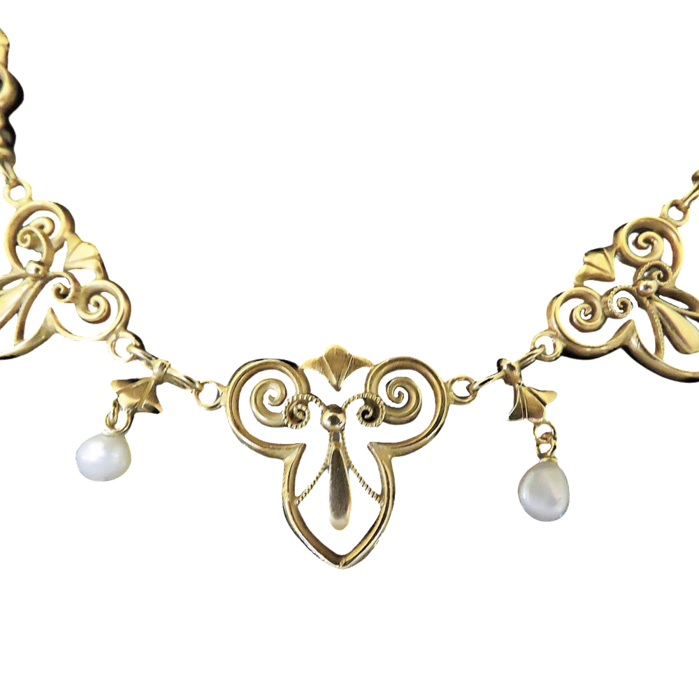 Collier Draperie Napoléon III en or jaune 18k et perles fines . Collier Draperie Napoléon III en or jaune 18k et perles fines .