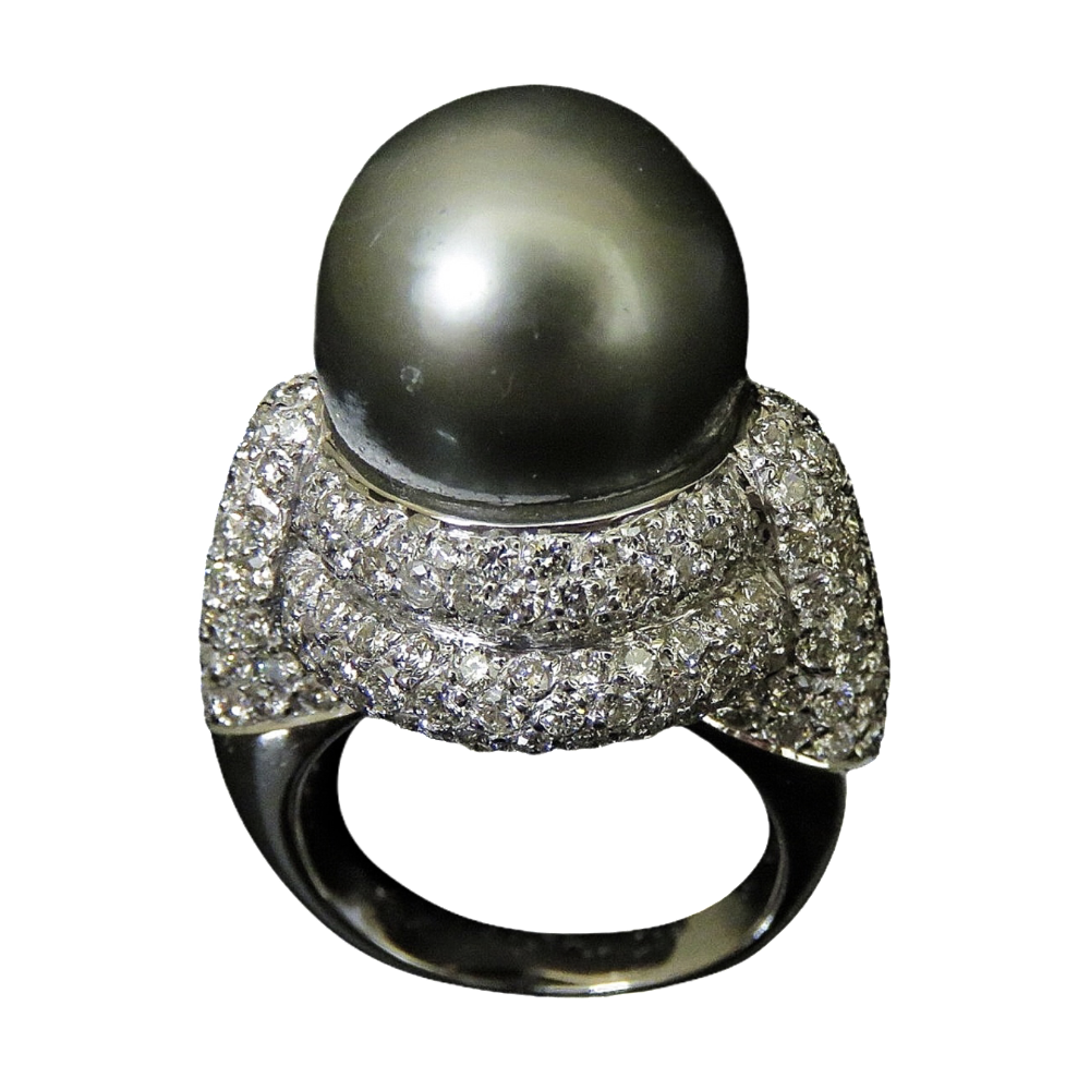 Bague en Or gris 18k Perle Grise et Diamants.