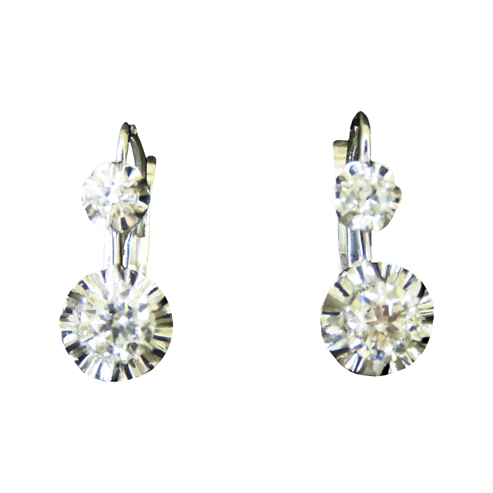  Boucles d'oreilles Dormeuses en or gris 18k et Platine vers 1960 avec Diamants 0,90 Cts