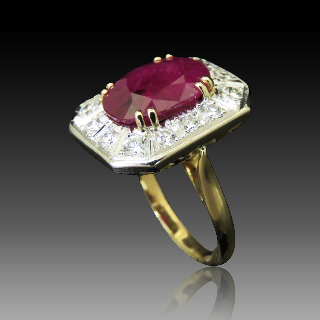 Bague "Entourage" Or jaune et gris 18K, Rubis et Diamants.