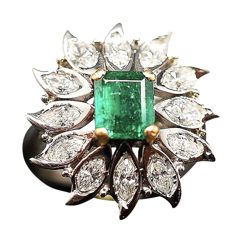 Bague "Entourage" Or gris 18K et Platine Emeraude de Colombie et Diamants. Bague "Entourage" Or gris 18K et Platine Emeraude de Colombie et Diamants.