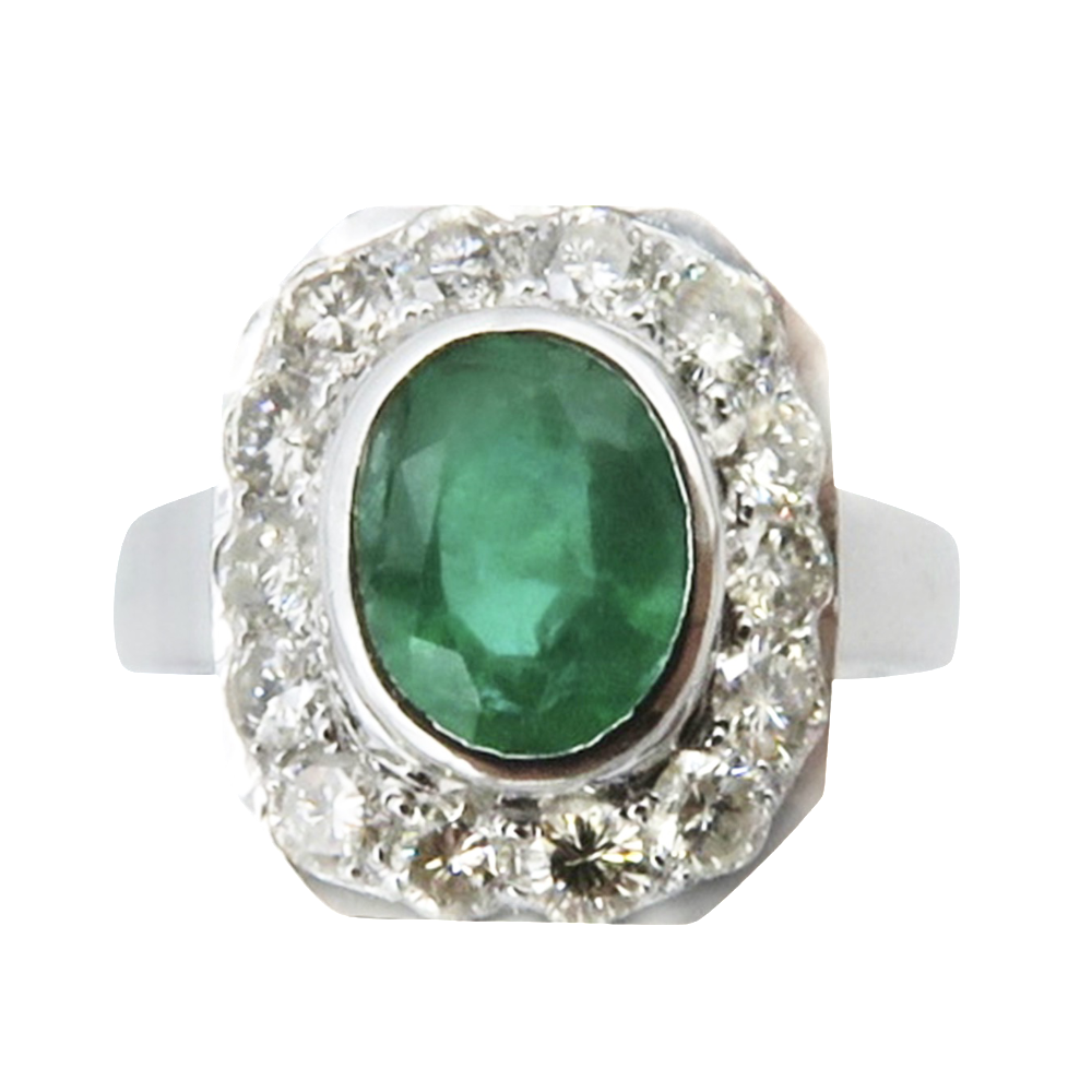 Bague "Entourage" Or gris 18K, Emeraude et Diamants Bague "Entourage" Or gris 18K, Emeraude et Diamants