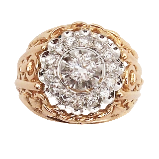 Bague or jaune 18k et platine vers 1950 , avec rosace en diamants 0.65 ct total