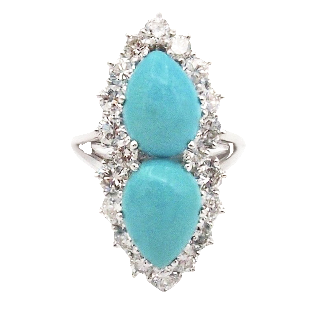 Bague or gris 18k vers 1960 , forme Marquise , turquoises et diamants 1.7 ct