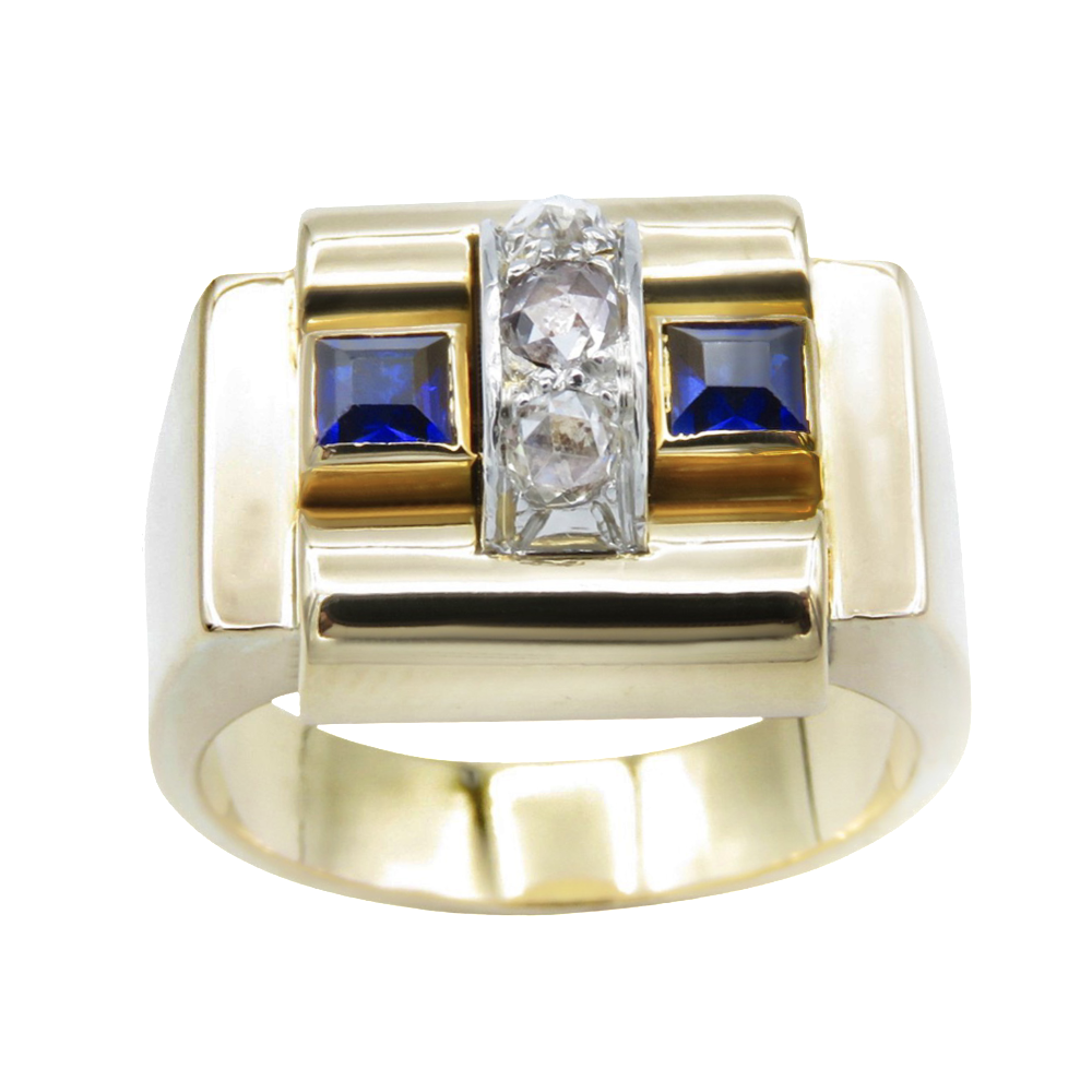 Bague "Tank" 1940 or jaune 18 k et platine avec diamants et verneuils Bague "Tank" 1940 or jaune 18 k et platine avec diamants et verneuils