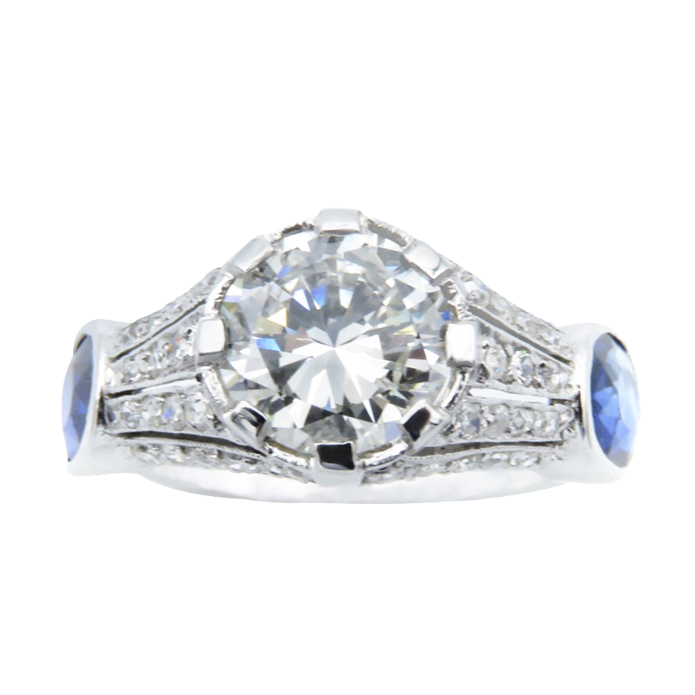 Solitaire en platine avec Diamant Brillant de 1,52 Cts H-VS2 (HRD) et saphirs . Solitaire en platine avec Diamant Brillant de 1,52 Cts H-VS2 (HRD) et saphirs .