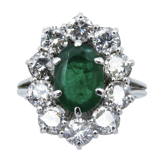 Bague "Entourage" Or gris 18K, Emeraude et Diamants Bague "Entourage" Or gris 18K, Emeraude et Diamants