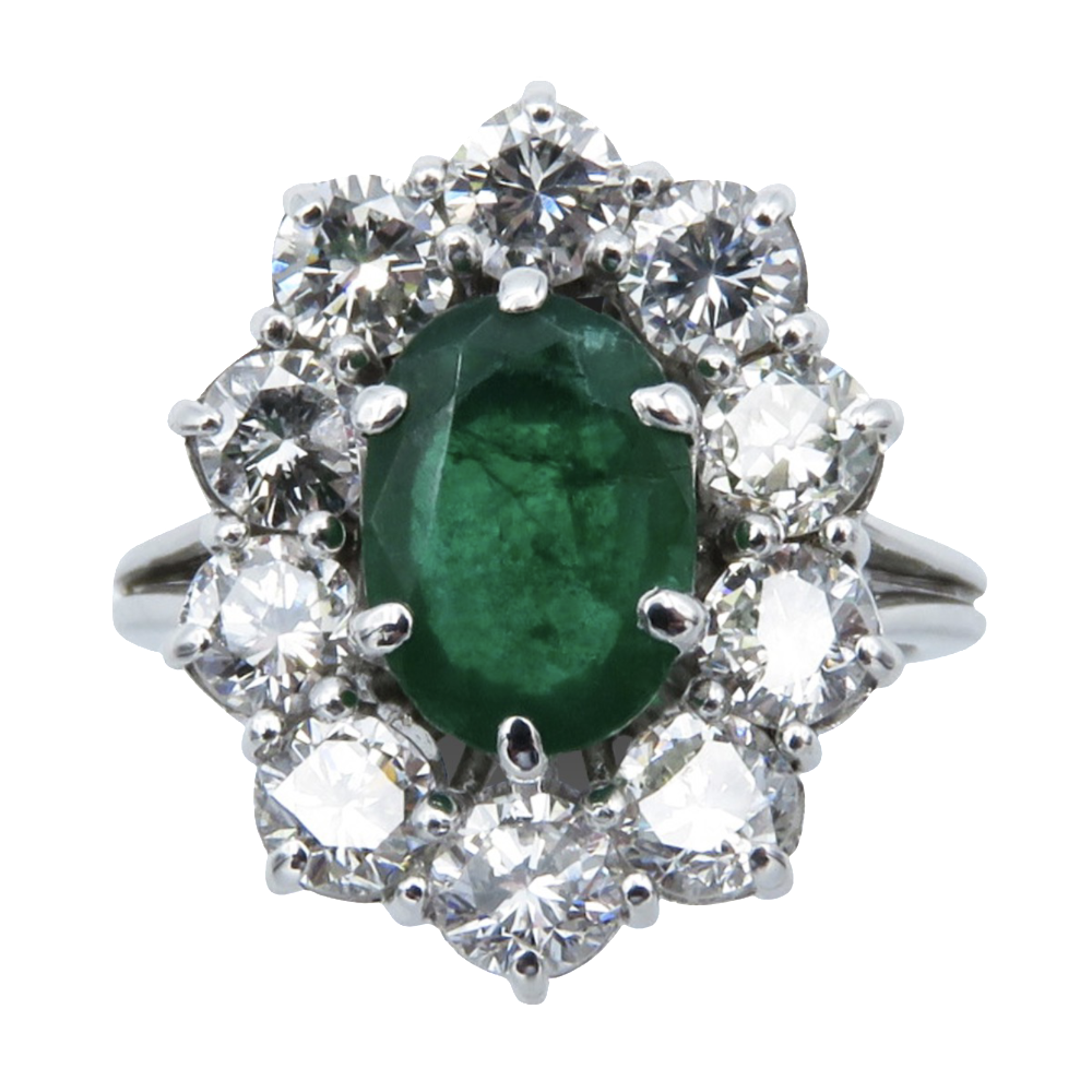 Bague "Entourage" Or gris 18K, Emeraude et Diamants Bague "Entourage" Or gris 18K, Emeraude et Diamants