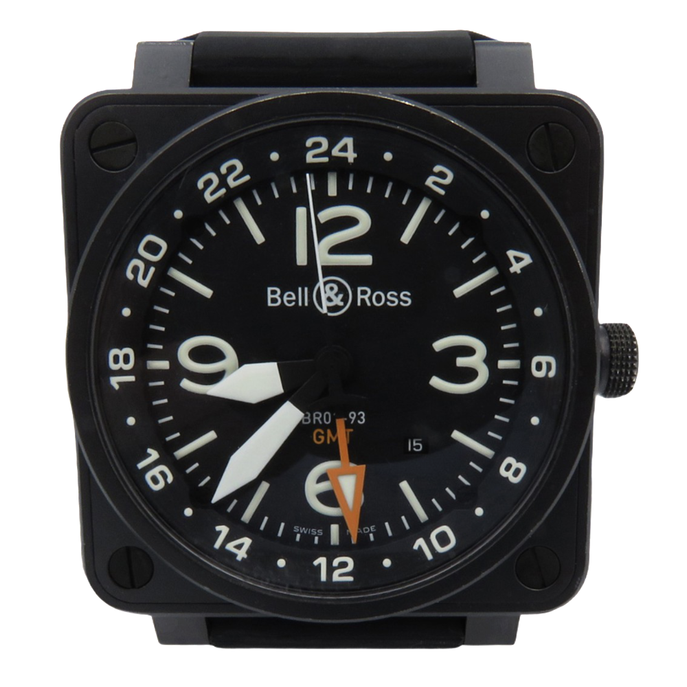 Montre Bell & Ross Acier BR-01-93 GMT PVD noir mat Chronographe Automatique de 2010. Full set.