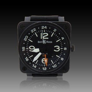 Montre Bell & Ross Acier BR-01-93 GMT PVD noir mat Chronographe Automatique de 2010. Full set.